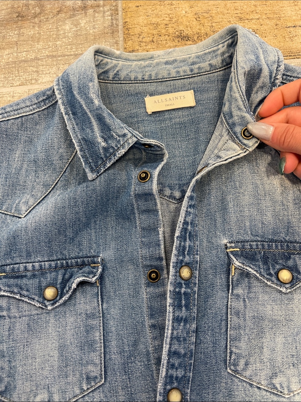 All Saints Light Blue Denim Snap Button Long Sleeve Collared Shirt Mens Small S - Picture 7 of 9